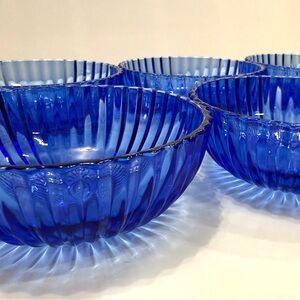 Vintage Cobalt Blue Ribbed Glass Dessert Bowls – Set of 6 – 4.25” Diameter